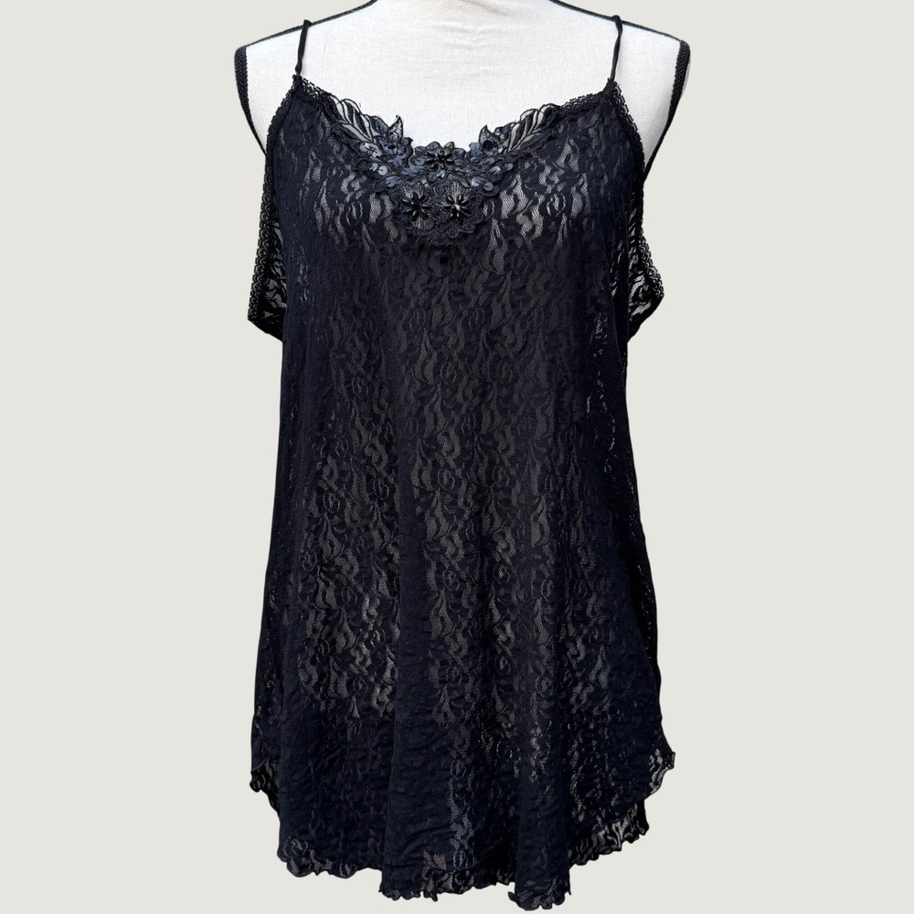 Cinema Etoile Black Floral Lace Camisole Sequin Bead Applique V-Neck Large USA